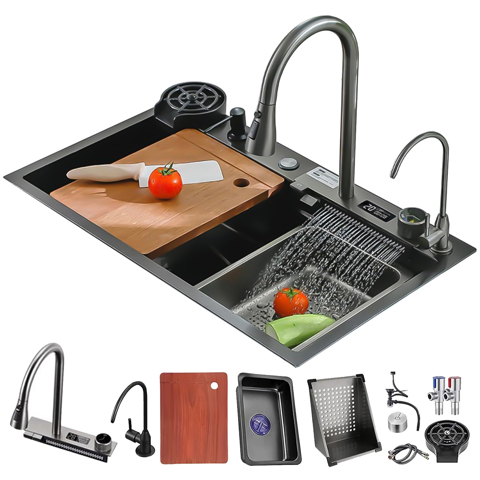 Fregadero De Cascada De Cocina En Acero Inoxidable Negro, Fregadero De Un Seno Con Grifo Extraíble Y Revestimiento Nano, Ideal Para Uso En Cocina Y Barra(Black#A01,75x45cm)