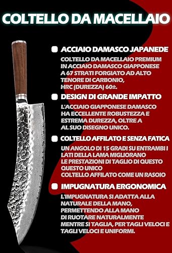 Miniatura 8 de YOUSUNLONG Cuchillo de carnicero japonés VG10 de 8 pulgadas de acero de damasco martillado con mango de madera de nogal natural
