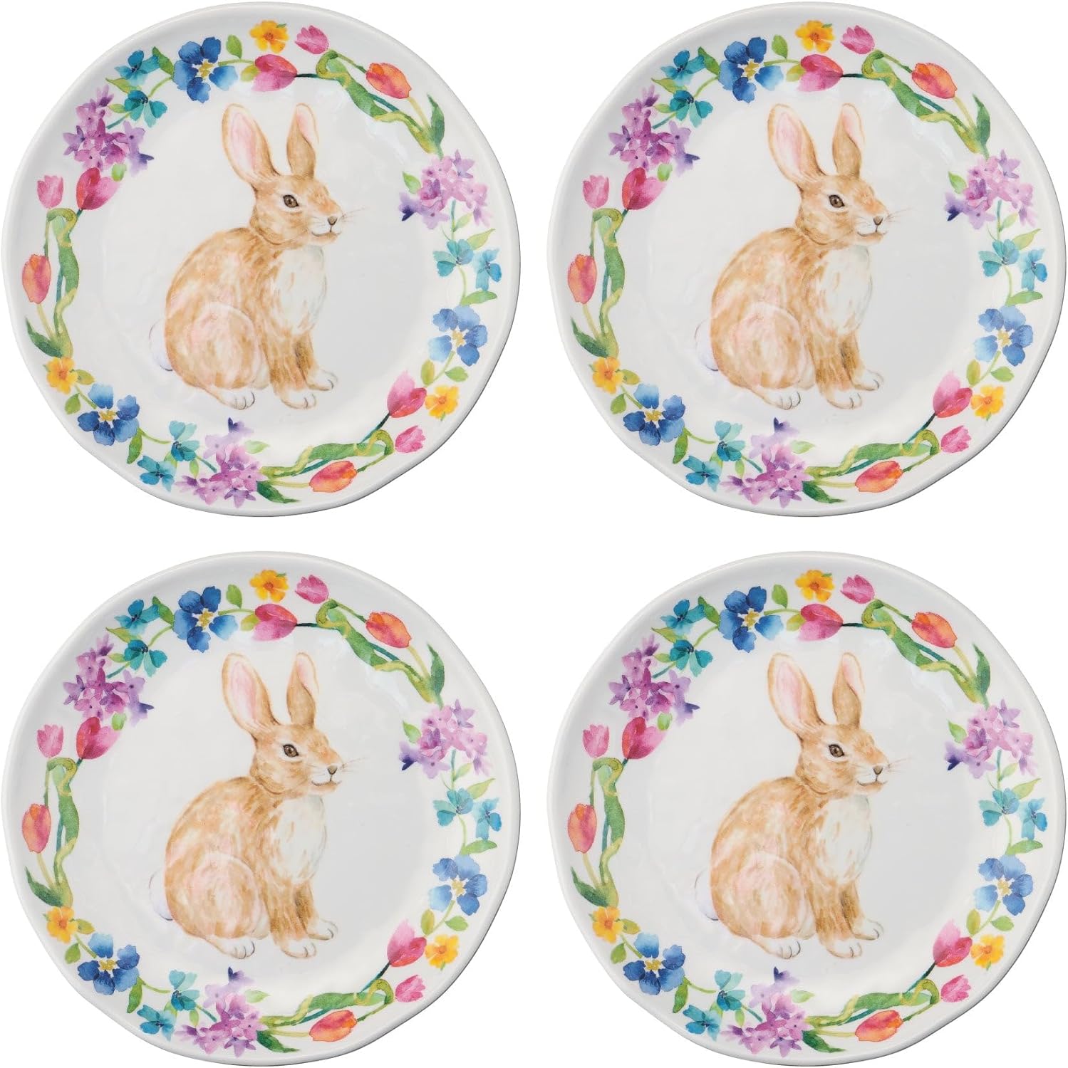 UP UPware Floral Bunny Melamine Round Dessert Plates, Small Serving Plates, Easter Decorations, for Appetizer, Snacks, and Side Dishes, Multicolor, 6 Inch, Set of 4