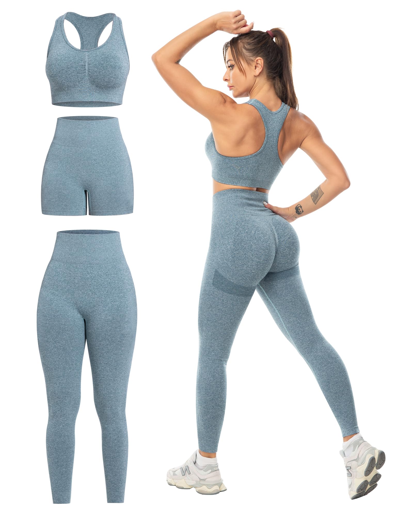 3 Piece Workout Sets for Women Butt Lifting Leggings with High Impact Sports Bra Gym Shorts