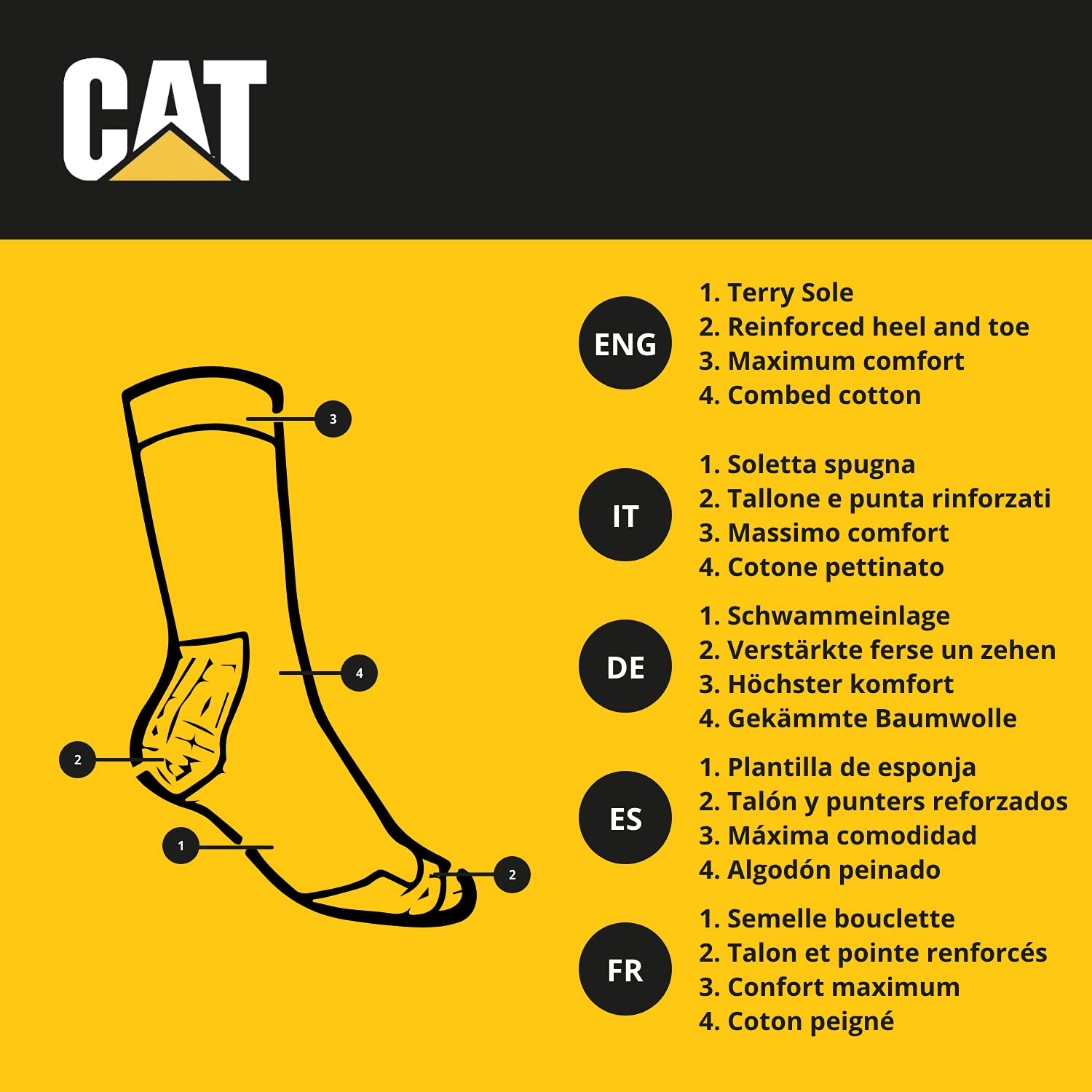 Caterpillar 6 Paires Chaussettes Sneaker Travail - Double Renfort Pointe Talon - Coton