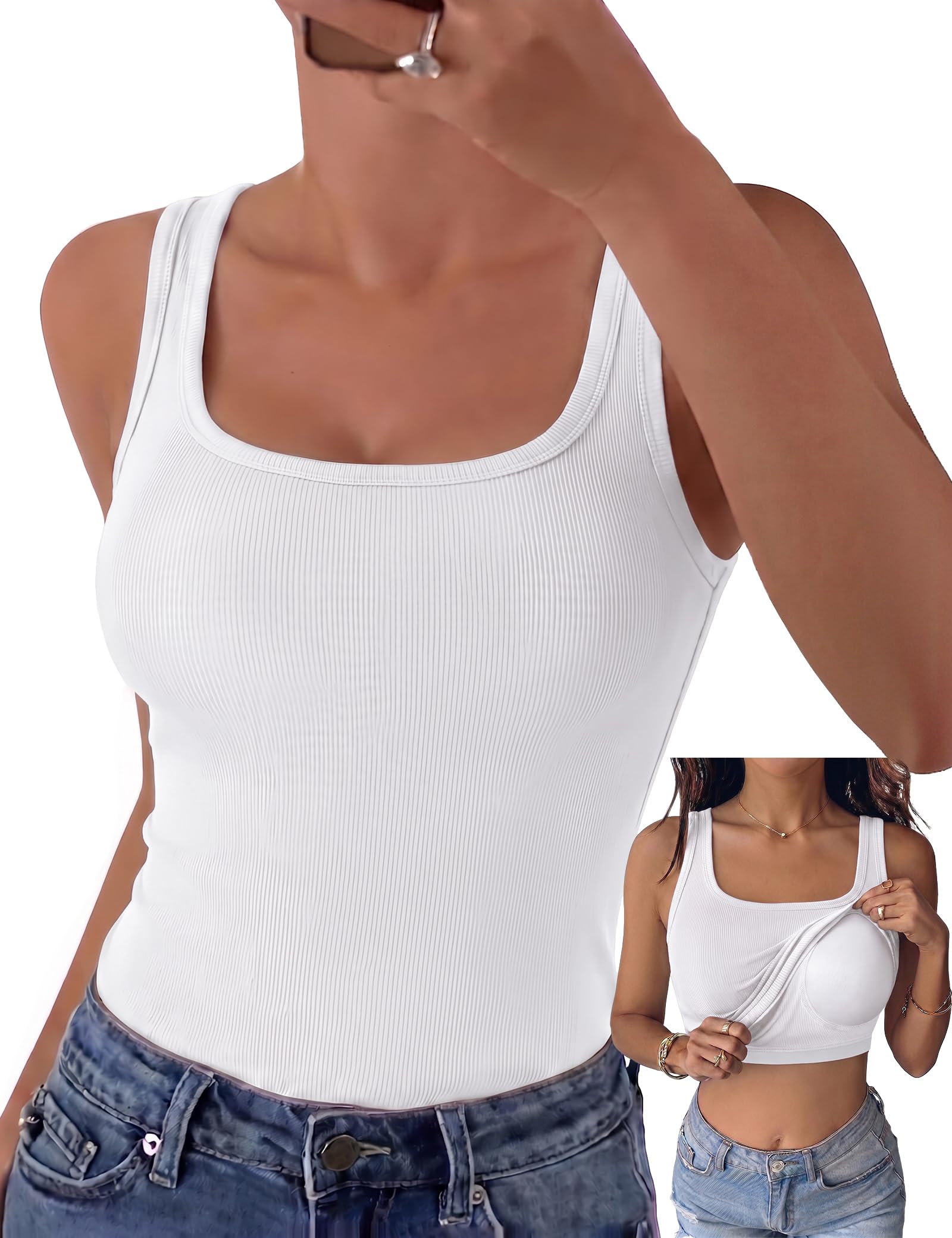 Aottori Tank Top Damen Eckiger Ausschnitt Gerippt Ärmellose Oberteile | Tanktop Sommer, Slim Fit, Basic Tops, Stretch, Sexy, Casual, Einfarbig, für Alltag Freizeit Büro