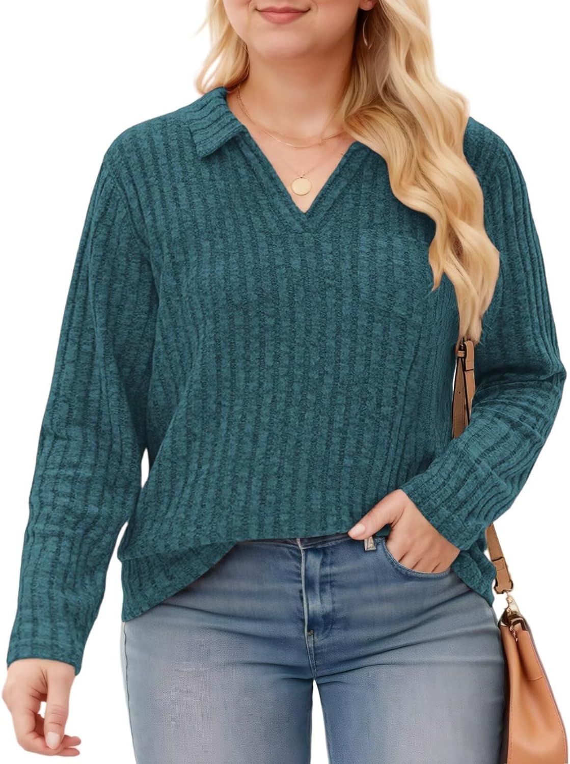 VISLILY Womens-Plus-Size-Tops Collared V Neck Polo Shirts Lightweight Long Sleeve Sweaters Trendy Pocket Decor Tunic Blouses - Image 2