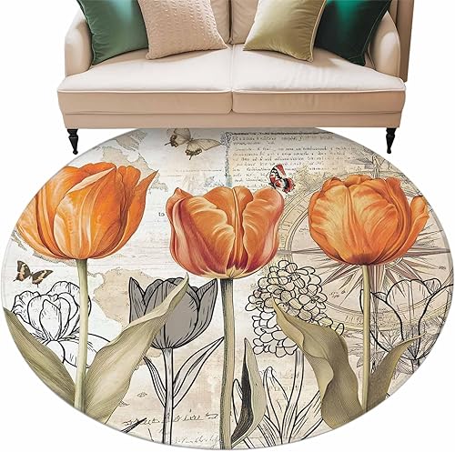 Miniatura 2 de 8ft Round Rug, Orange Flower Non-Skid Rubber Backing Large Area Rugs - Living Room Bedroom Home Office, Watercolor Retro Tulip Floral Butterfly