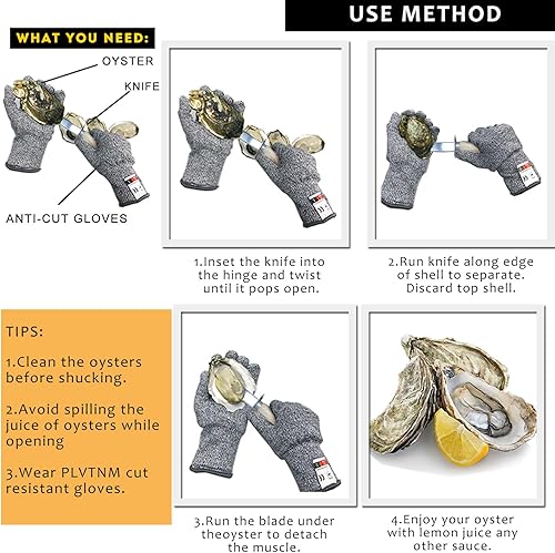 Miniatura 4 de PLVTNM 2Oyster - Cuchillo de acero inoxidable con mango de madera, con 2 pares de guantes resistentes a cortes de nivel 5, abridor de ostras para