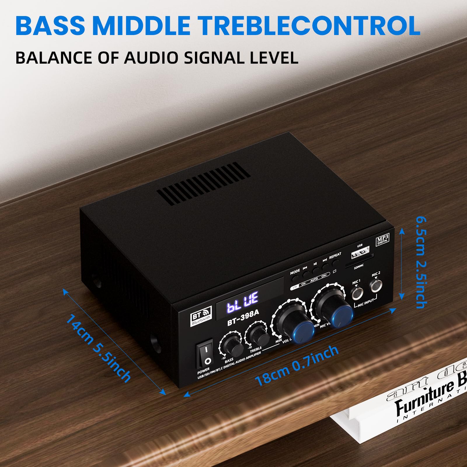 Amplificatore Audio Stereo, 600W 2 Channel Bluetooth 5.3,RMS 60W X 2，Radio Portatile per Auto o Casa,Home Theater,Altoparlante Auto W/Mic USB FM Radio (398A)