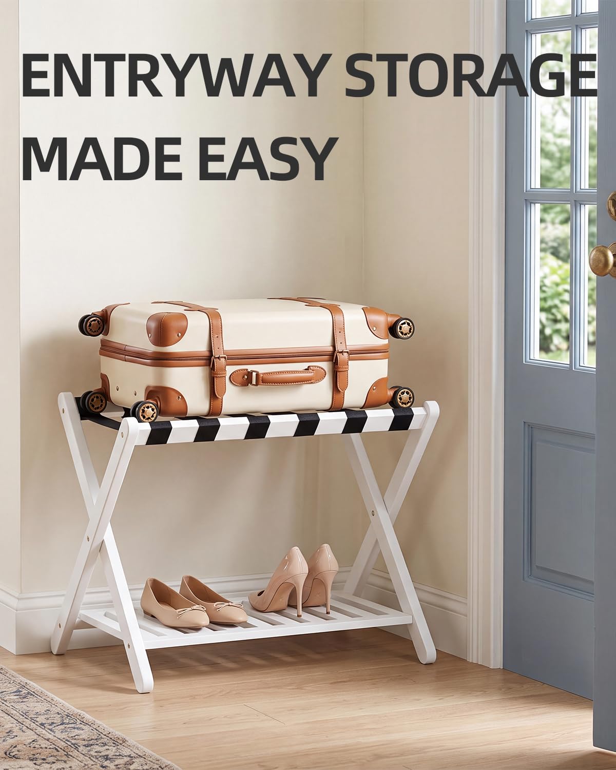 SMIBUY porte-bagages, paquet de 2, porte-valise pliable en bambou avec étagère de rangement pour chambre d’amis, chambre à coucher, hôtel, robuste (blanc)