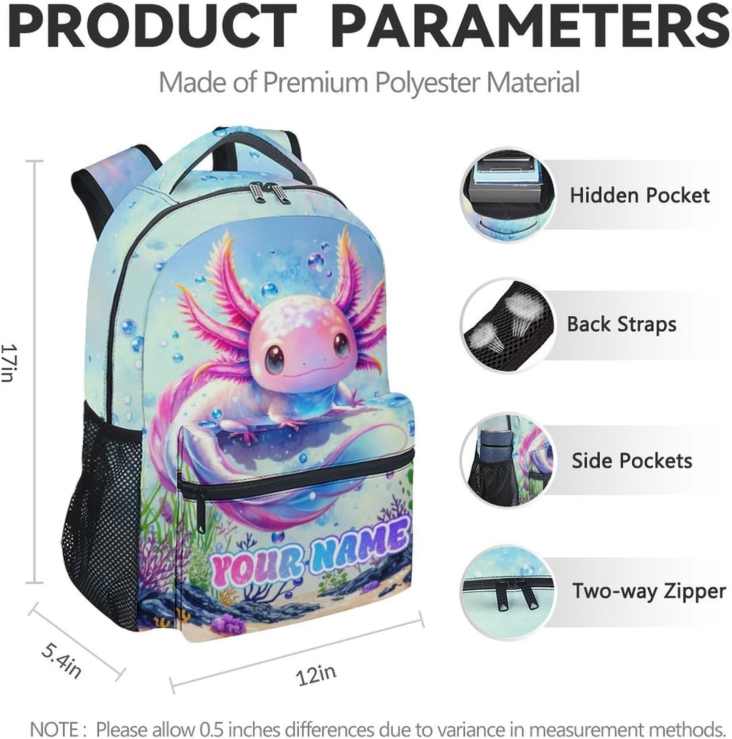Personalized School Backpack for Kids - 17 Inch Axolotl Kids School Bag for Elementary - Portable Lightweight Animals Backpacks for Preschool - Image 6
