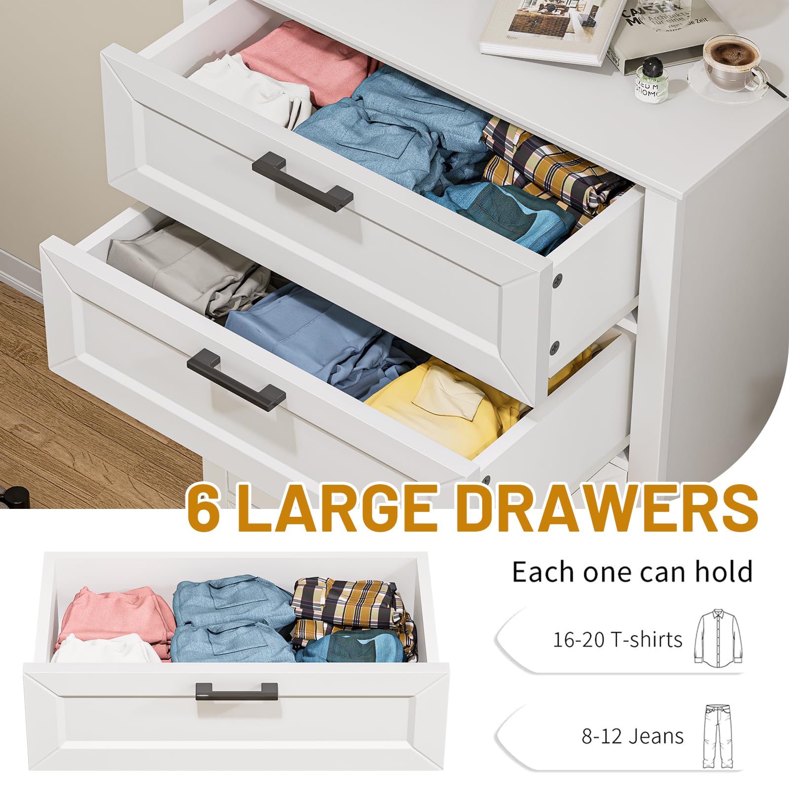 Amazon.com: White 6 Drawer Dresser, 55 Inch Tall White Dresser for Bedroom,  Modern Farmhouse Style Chest of Drawers for Bedroom Living Room, Wood  Rustic Tall Clothing Organizer for Closet, Living Room, Hallway :