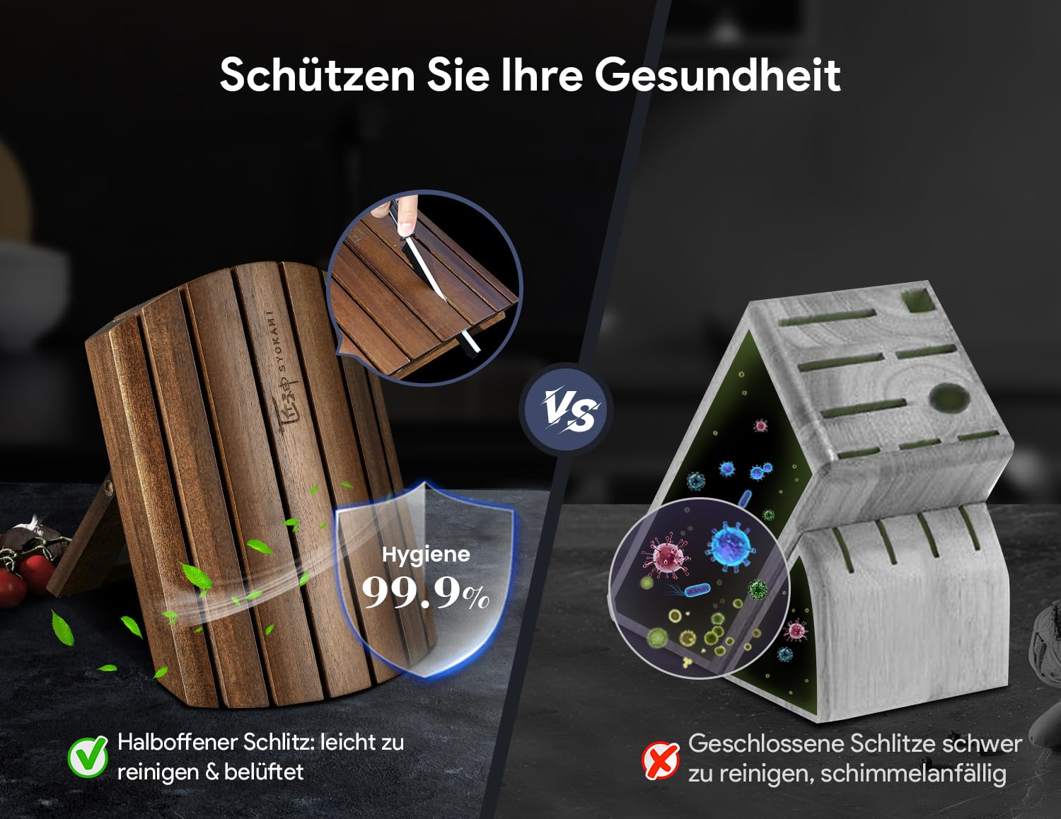 SYOKAMI Messerset 7-teiliges Küchenmesser-Set im japanischen Stil mit faltbarem magnetischem Akazienholzblock, scharfer Karbonstahl für die Küche mit rutschfestem ergonomischem Griff