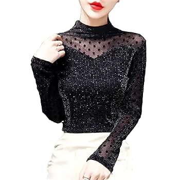 Women's Black Long Sleeve Mesh T-Shirts Sexy Sheer Half High