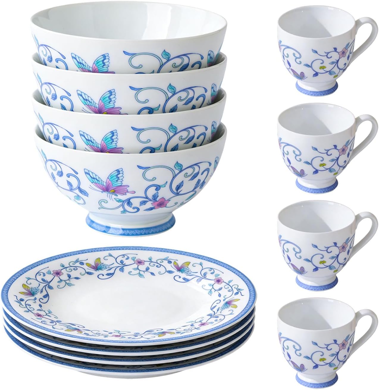 Dinner Set, Ceramic Dinnerware with Blue Floral Pattern, 8 Pieces, Dishwasher and Microwave Safe, for Dining and Restaurant Use (h12)