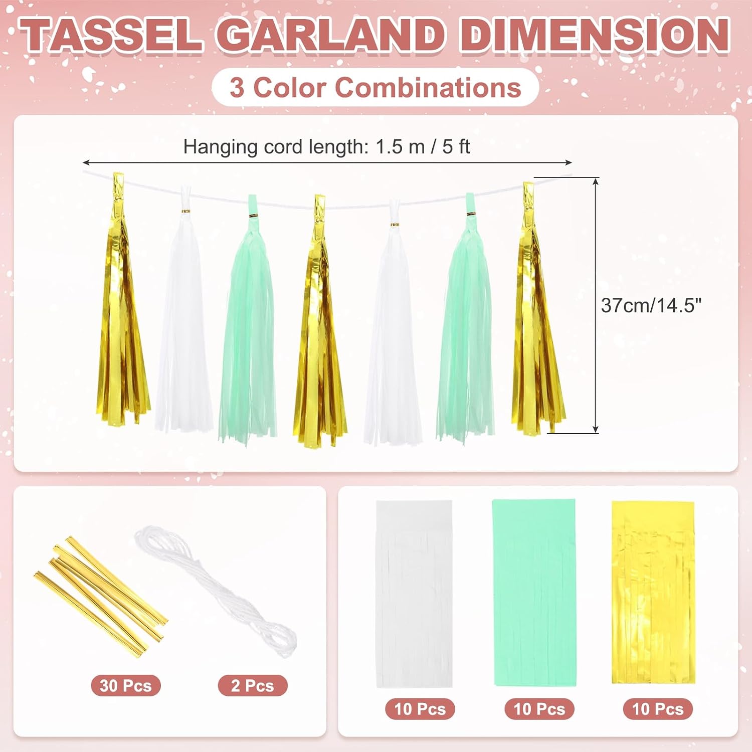 MECCANIXITY 30Pcs Tassel Garland Tissue Paper Tassels Banner Foil Fringe Streamers for Party Decorations Wedding Birthday DIY Kit, White Mint Green Gold
