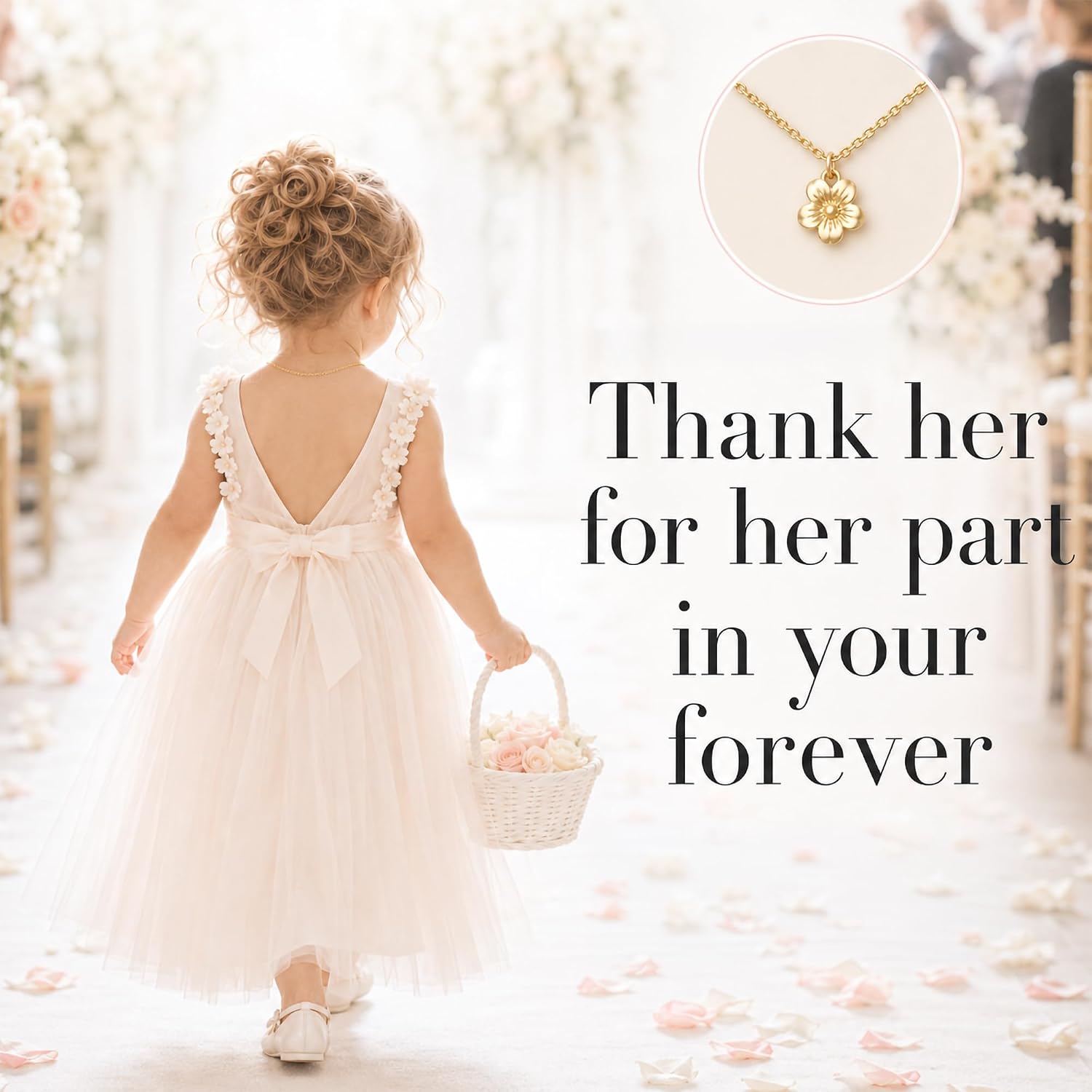 Mud Pie Flower Girl Charm Necklace, Gold Chain Jewelry Gift with Sentiment Card and Envelope Pocket