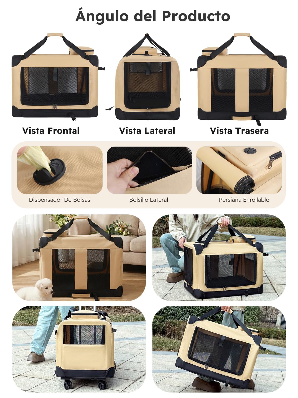 PETCUTE Transportín Plegable para Perros y Gatos Pequeños,60 x 42 x 42cm,Bolsa Transporte Transpirable para Mascotas,Tela Oxford,Transportín Perro Gato con Asas y Bolsillo de Almacenamiento,Caqui