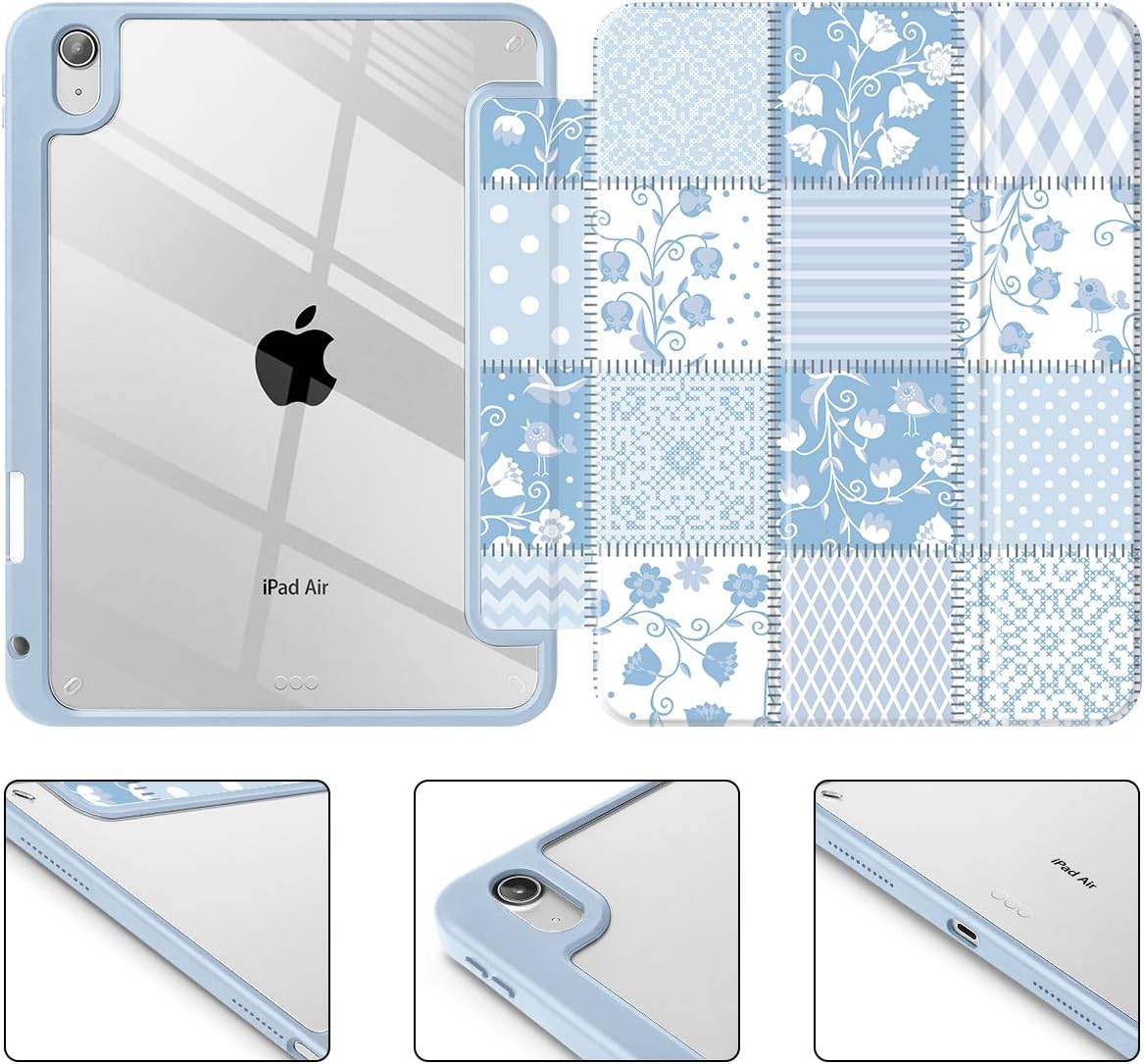 Tuiklol Case for iPad Air 11 Inch M4 2026/Air 11 Inch M3 2025/Air 11 Inch M2 2024 / iPad Air 10.9 Inch 2022 2020, Buit in Pencil Holder with Shockproof Cover Clear Transparent Back, Patchwork Floral