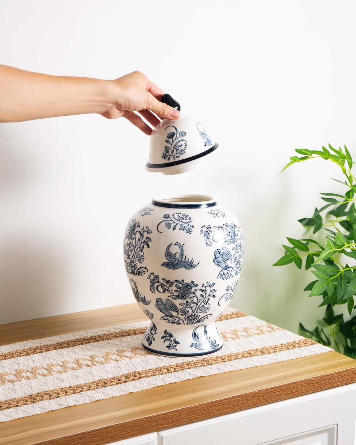 Large Decorative Jars with Lid, Blue and White Ceramic Ginger Jar for Home Decor, Chinoiserie Vase Decor, Birds