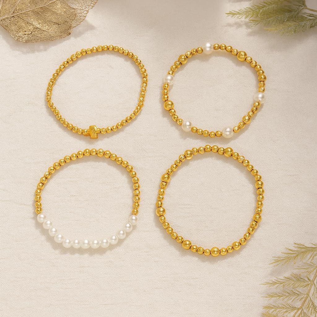 Gold Beaded Bracelet Stack for Women Chunky Pearl Stretch Bracelets Set Non Tarnish Stackable Ball Beads Bow Bracelet Adjustable Trendy Jewelry Gifts for Her - Image 3