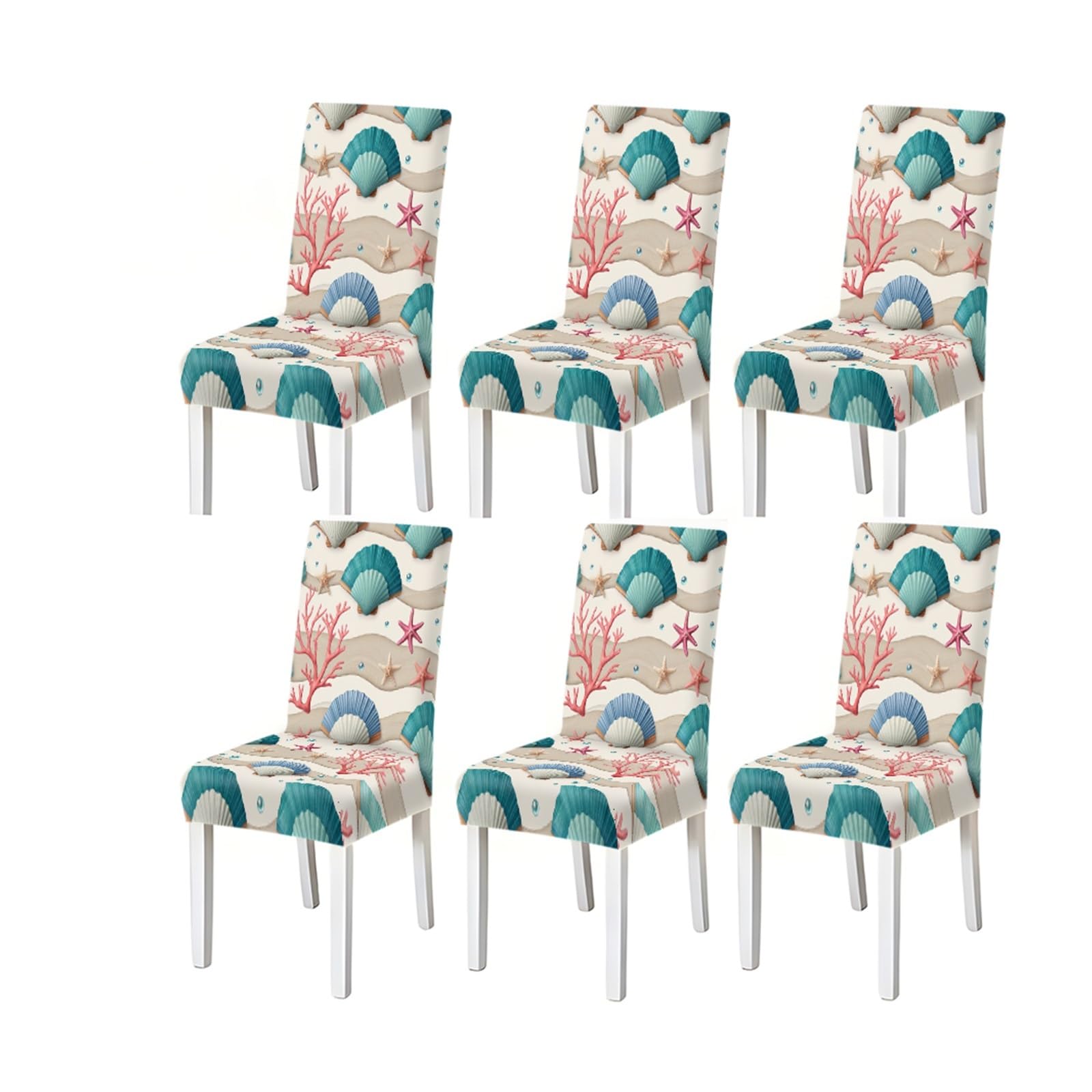 Bosuybn One Color Coastal Seashell Starfish Pattern Print Dining Chair Covers Set Of 2/4/6, Stretch Slipcovers For Kitchen Dining Room Furniture Protectors For Home Dining Room(6Pcschair Cover)