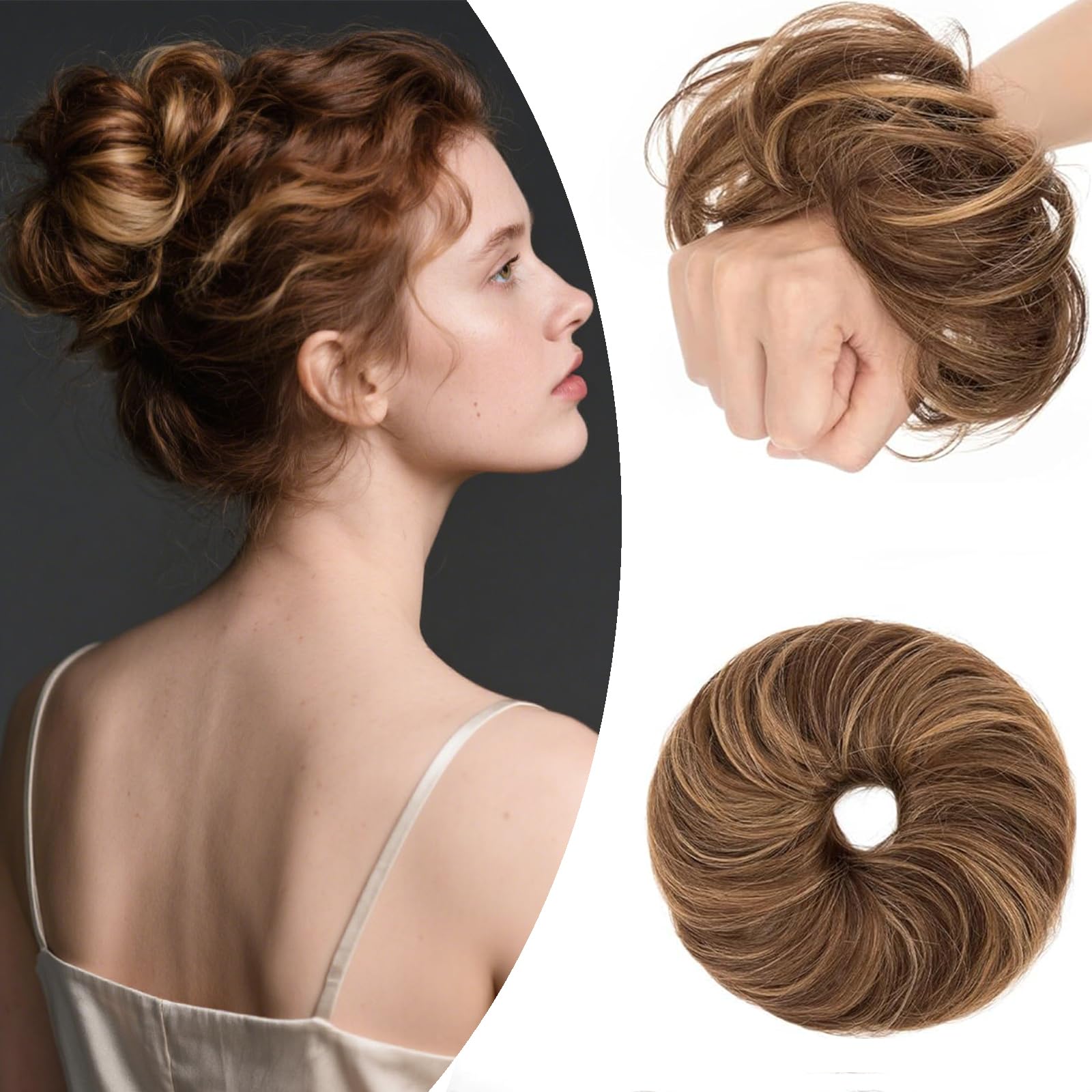 SEGO Human Hair Messy Bun Hair Scrunchies Curly Wavy Hair Piece Real Remy Donuts Updo Chignon For Women Girls,#4P27 Medium Brown&Dark Blonde