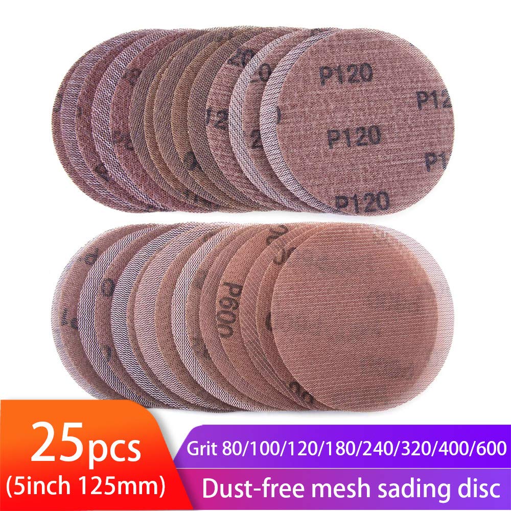 25pcs 5inch 125mm Mesh Sanding Discs Hook & Loop Abrasive Dust Free Disc Anti-Blocking Sharp Grinding Sandpaper for Car Wood,240#
