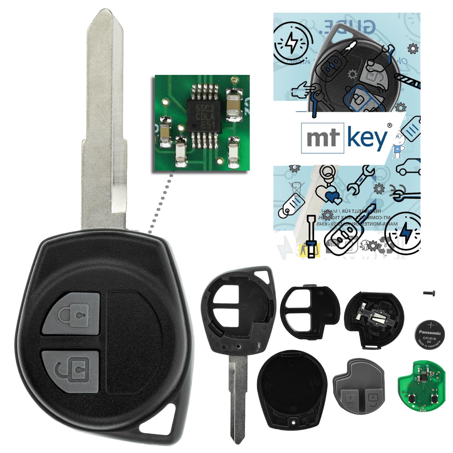 MT-KEY 2 Tasten Funk Schlüssel 434MHZ kompatibel FIAT Sedici Opel Agila Suzuki SX4 Grand Vitara JT Splash Swift 433,05MHz Autoschlüssel