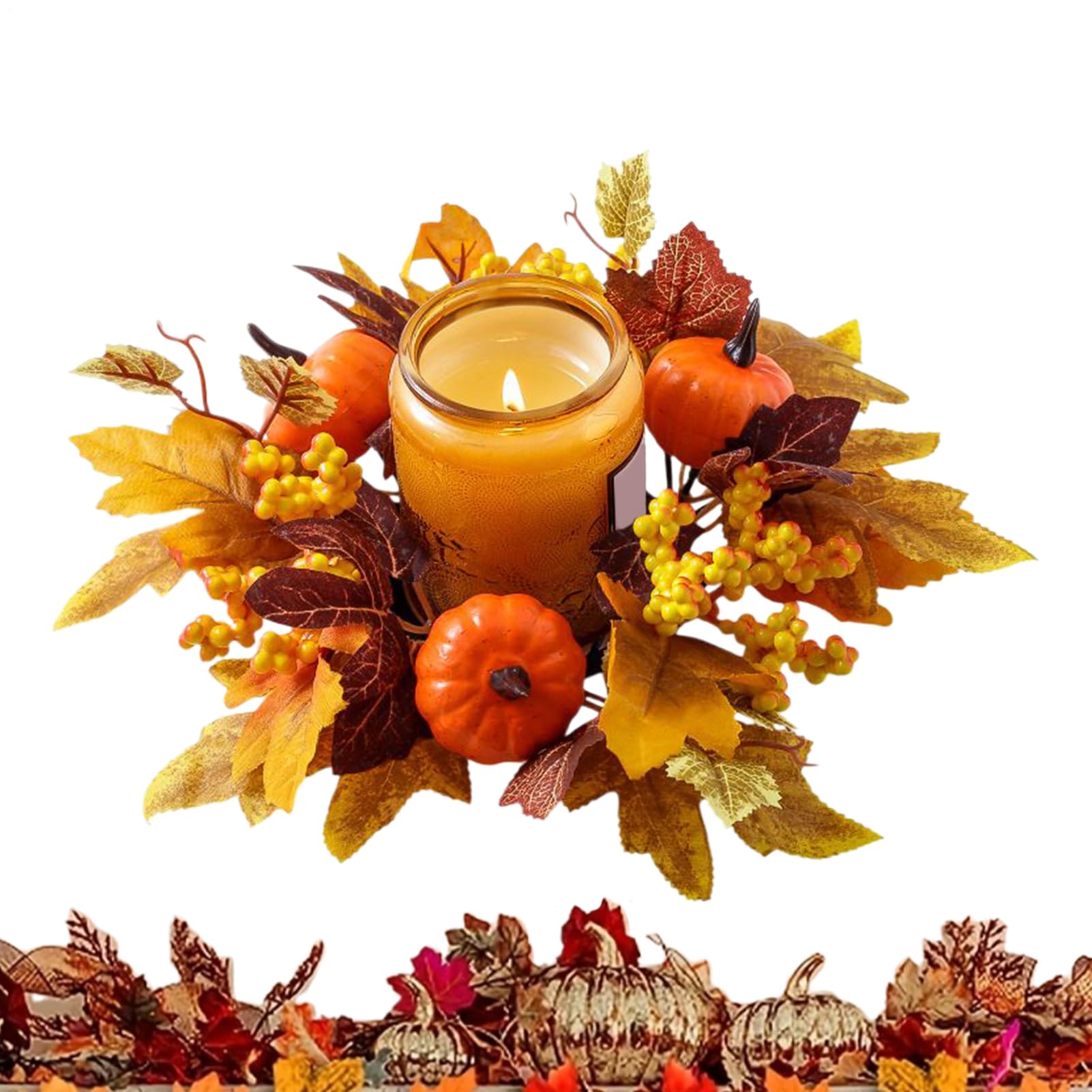 Autumn Candle Wreath - 25cm Artificial Pumpkins Maple Leaves And Berries Candle Rings, Harvest Day Ring Holder, Autumn Decorations Halloween Decorations, Farmhouse Wreath, For Tabletop Decor