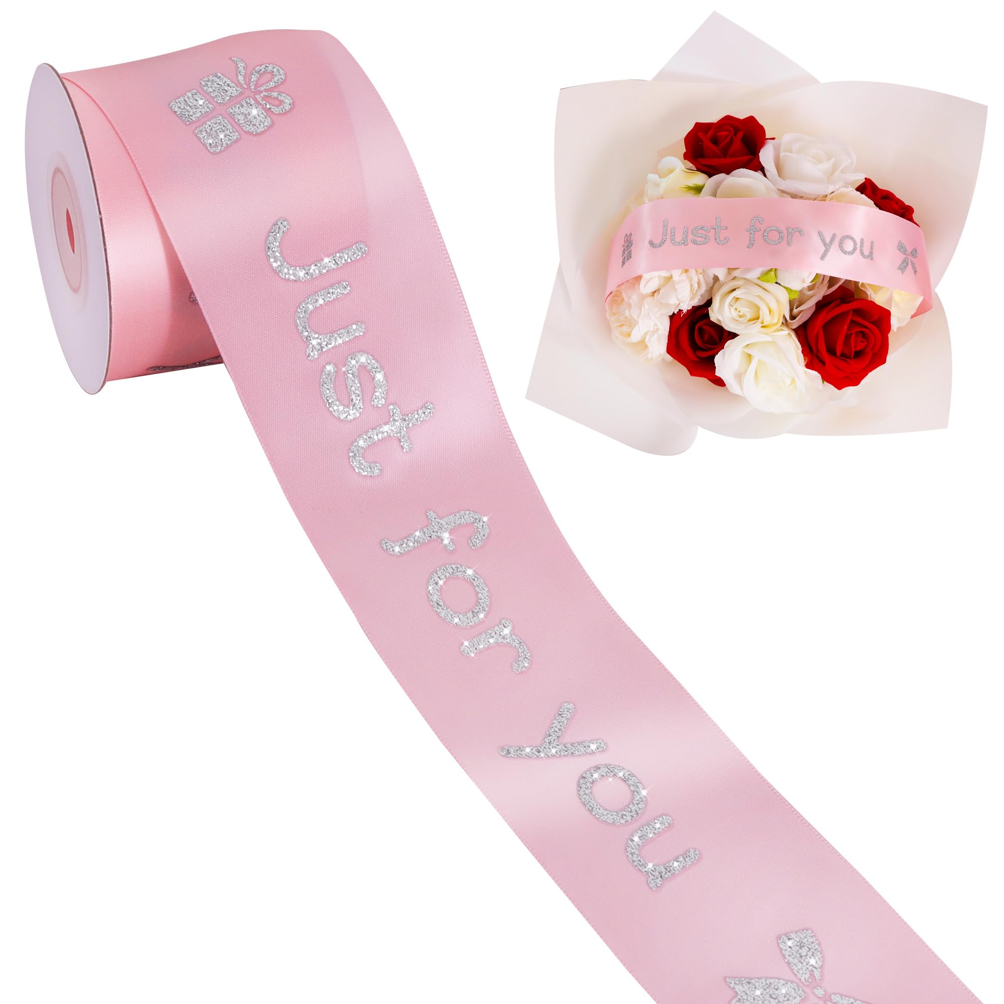 TONIFUL Pink Glitter Satin Ribbon with Printed Just for You-2 Inch x 10 Yards Pink Ribbon for Gift Wrapping, Bouquet, Crafts, Christmas, Wedding, Birthday, Anniversary and Party Decorations