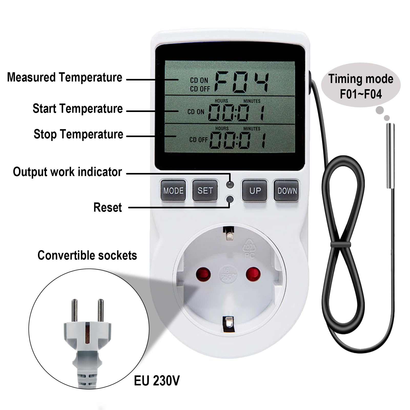 Termostato Presa Digitale Regolatore di Temperatura 230V con Sonda Presa con Regolatore di Temperatura per Serra, Acquario, Riscaldamento, Terrario, Acquario, Rettili, Incubatore Thermostat