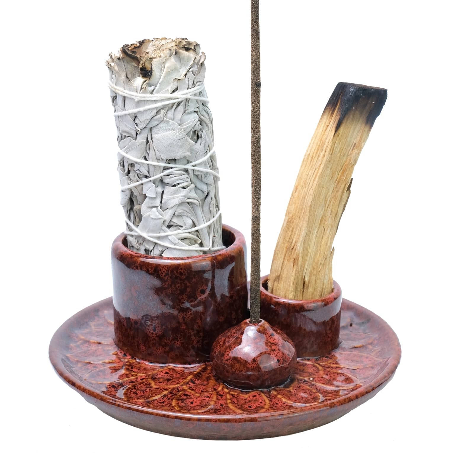 4 in 1 Incense Holder, Icense Burner for Burning Sage Smudge, palo Santo Sticks, Candle Incense Bowl, 5.12"" Ceramic Ash Catcher Tray for Meditation Zen Décor, Red