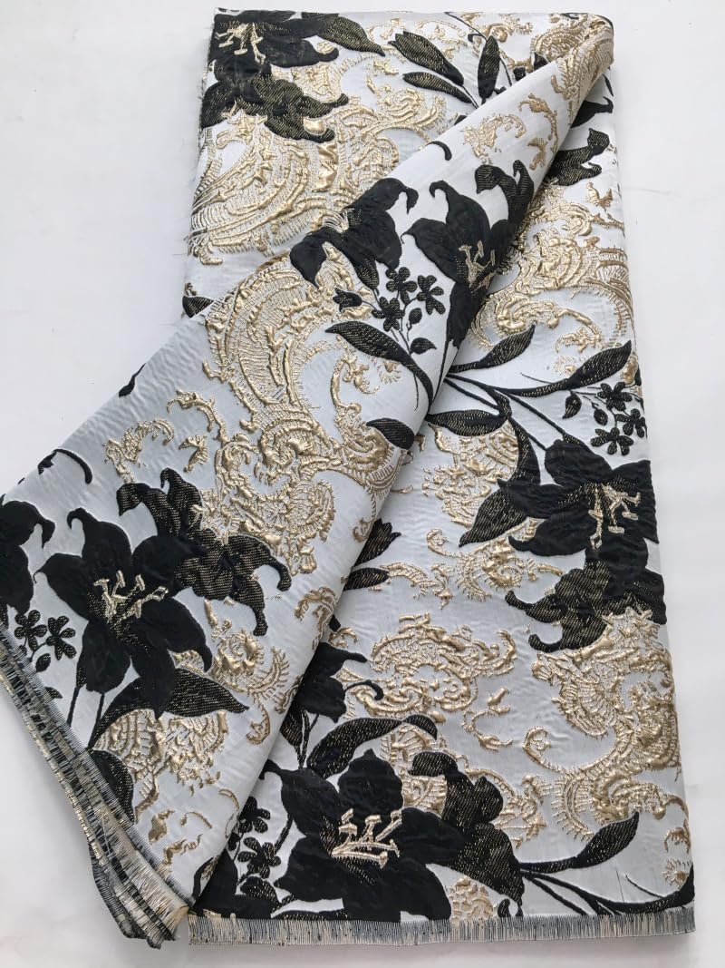 African Lace Fabric 5 Yards Floral Jacquard Embroidery with Gold Foil Craft, Wedding Dress Gown Fabric (Black)