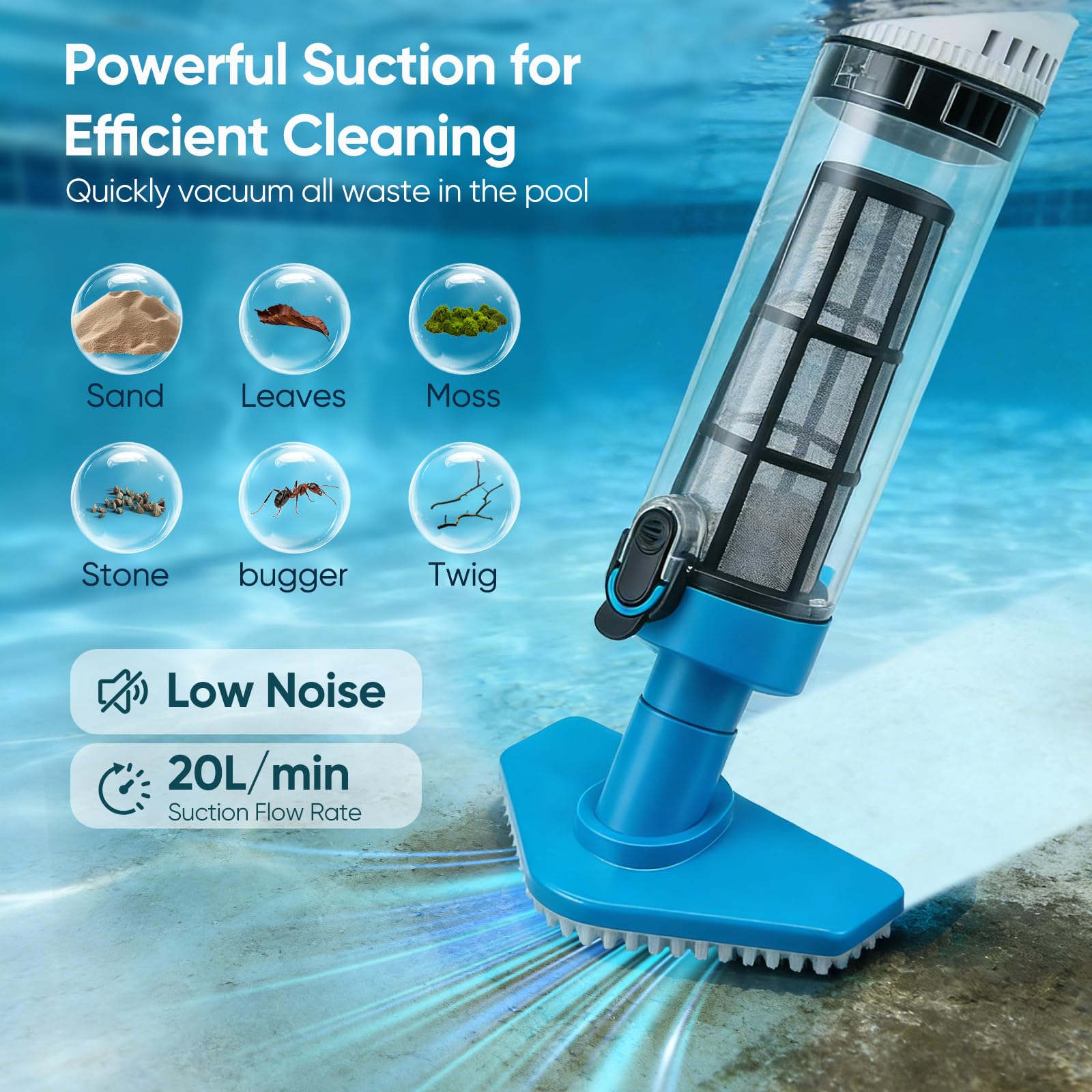 Aspirateur Piscine, 3 en 1 Aspirateur Spa Rechargeable avec Aspiration Puissante, Manche Télescopique de 103.5 à 162.5 cm, Capteur Automatique, 3 Têtes de Brosse pour Spas, Jacuzzis et Piscines