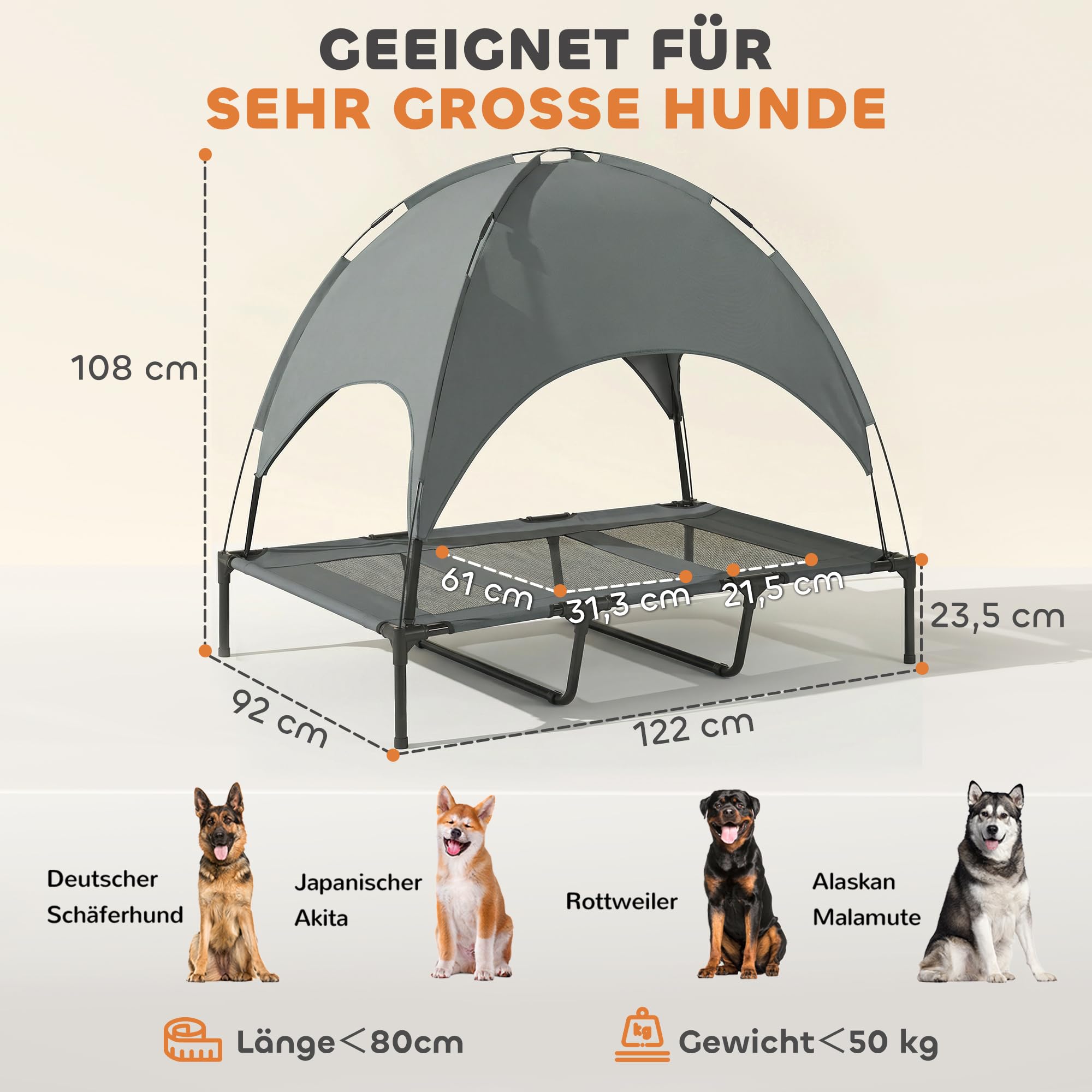 PawHut Erhöhtes Hundebett mit Baldachin, Haustierbett, Hundeliege Outdoor mit Dach, Atmungsaktiv, Taftstoff für Camping Grau 122 x 92 x 108 cm