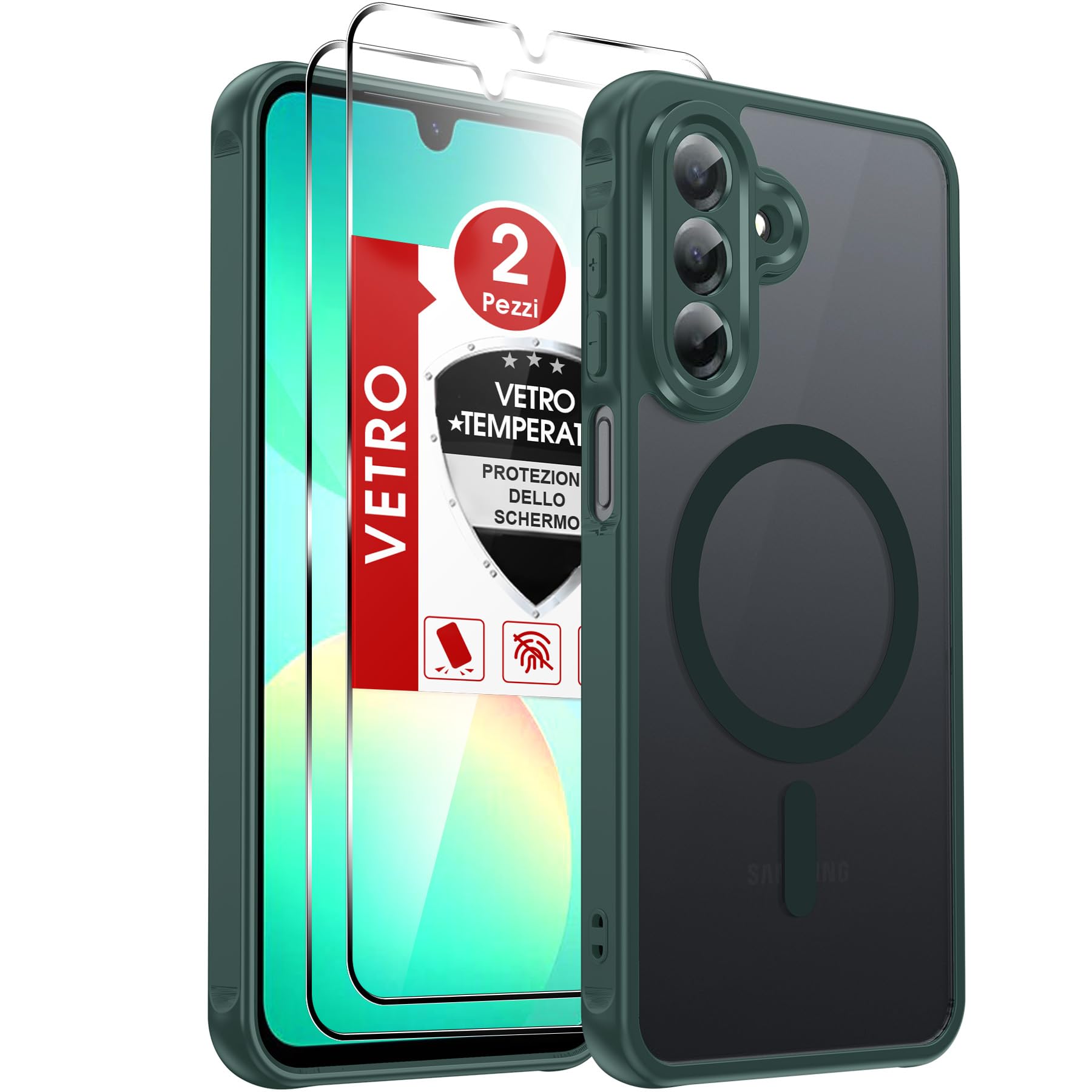 LeYi Cover Magnetica per Samsung Galaxy A26 5G con 2 Pezzi Vetro Temperato, Custodia per A 26 Traslucida Opaca Anti-Impronte Resistente ai Graffi Paraurti in TPU Antiurto Protettiva Case, Verde
