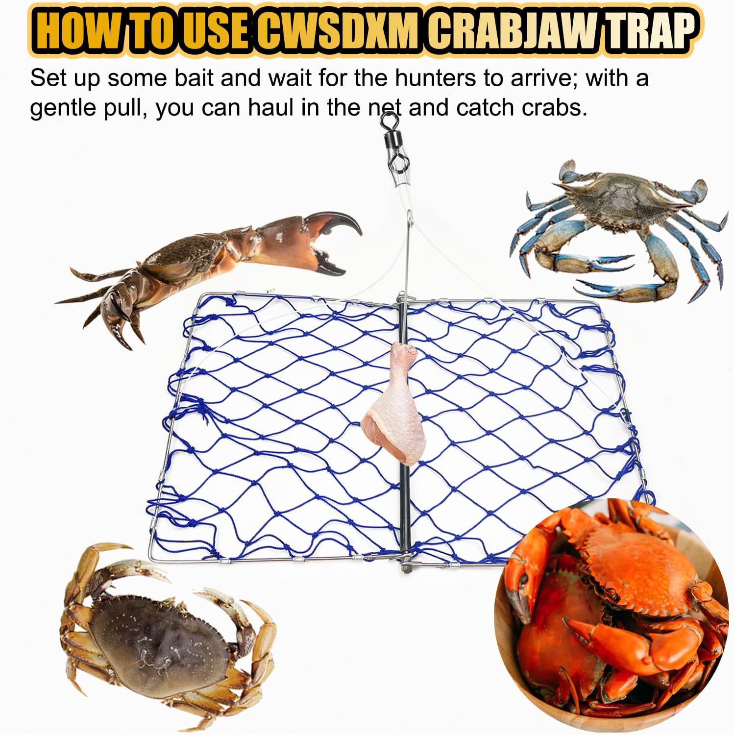 Folding Crab Traps, Castable Crab net with Automatic Opening for Blue Crabs, Dungeness, Crawfish, Crab Pots with Ropes and Crab Caliper Tool