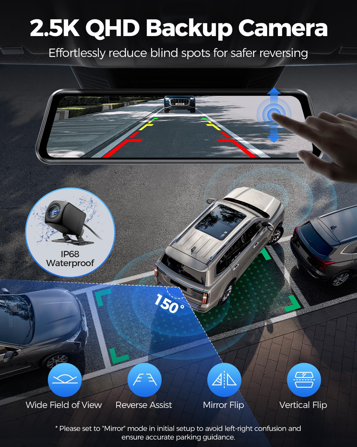 AZDOME Cámara para salpicadero de coche con espejo 4K, parte delantera y trasera de 2,5 K, cámara de coche WiFi 5G, tarjeta de 64 GB incluida, cámara de salpicadero de visión nocturna, GPS, control