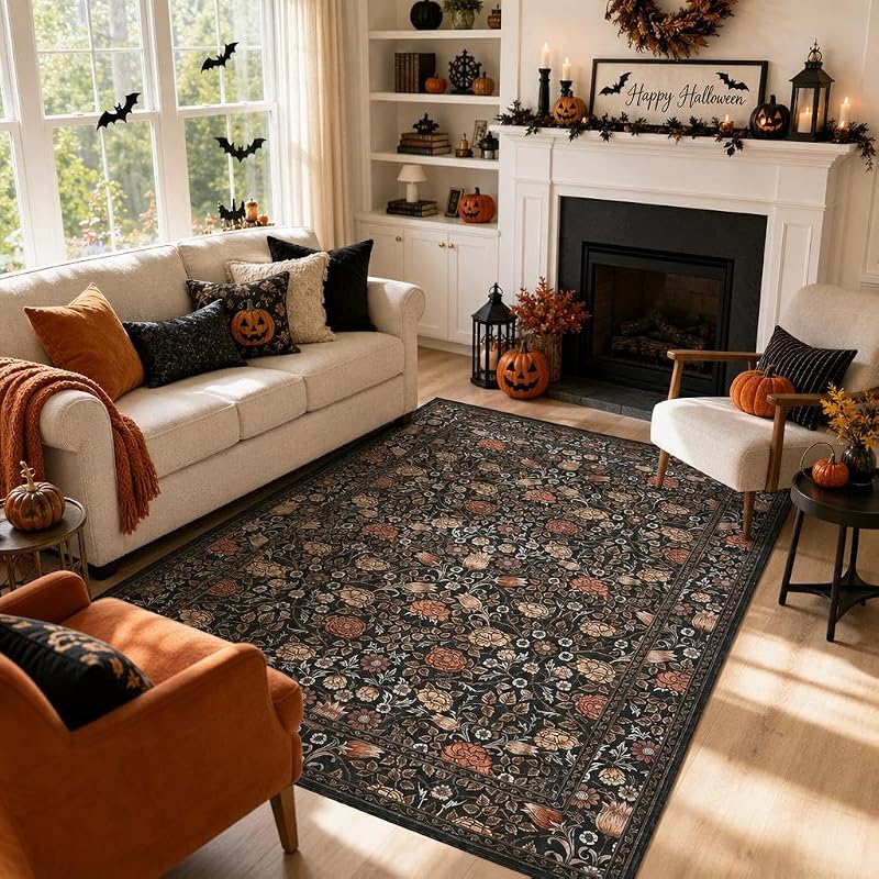 GarveeHome Alfombra lavable floral marrón oscuro 5x7 para dormitorio sala de estar | Alfombra de oficina para dormitorio de guardería, alfombras bohemias vintage, pelo bajo, antideslizante, resistente a las manchas, respaldo de TPE