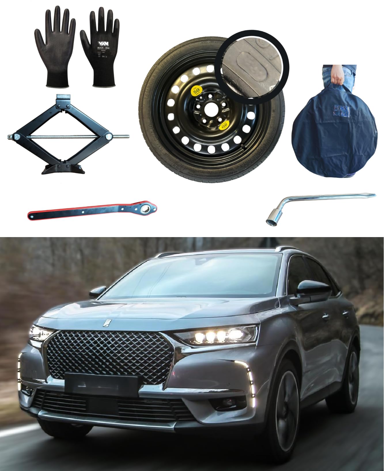 Kit Roue de secours "Galette" 18" compatible avec Citroën DS7 Crossback avec Cric, Clé, Gants et Sac 135/80R18