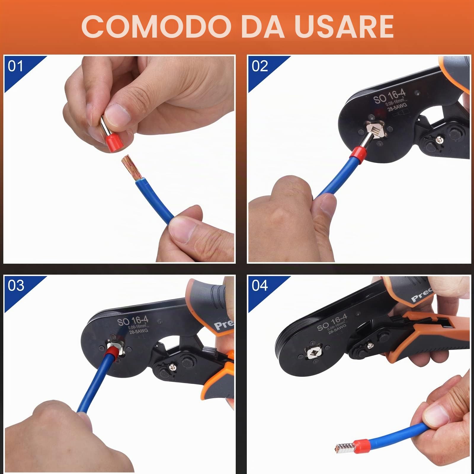 Pinza Crimpatrice Capicorda,Preciva Pinza per Terminali a Ghiera,Strumenti di Crimpatura Pinza a Quattro Lati per Cavi a Cricchetto Autoregolabile per Crimpare 0,08-16 mm²