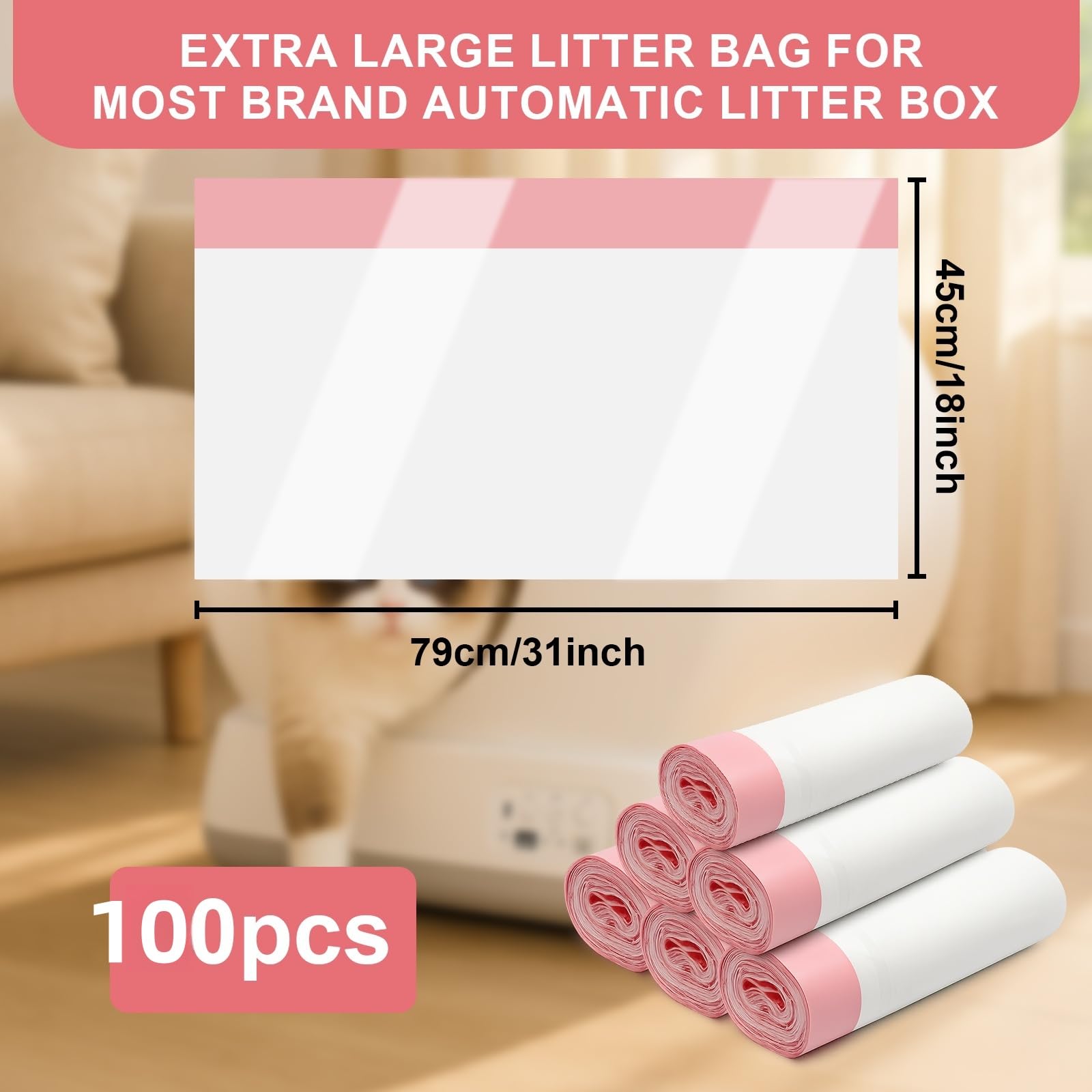 100Pack 31inx18in Extra Large Cat Litter Box Liners for Self-Cleaning Litter Box Trash Bags Waste Bags Litter Bags with Drawstring for Most Brand Automatic Cat Box