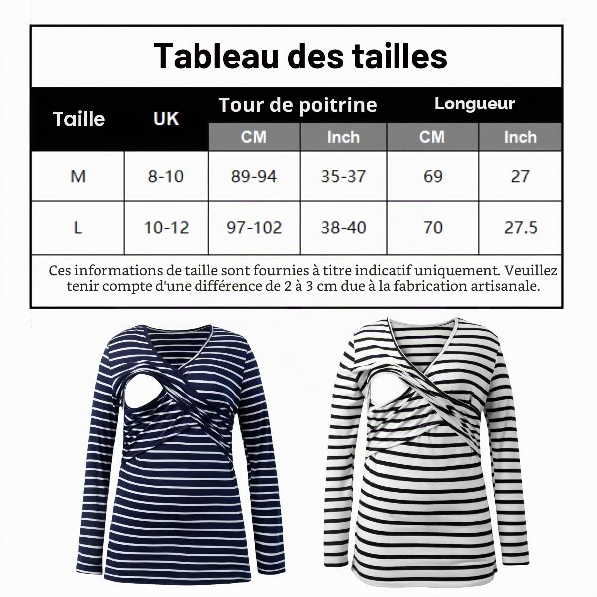 SamHeng Femmes À Manches Longues Hauts De Maternité T-Shirt D'allaitement Relevable Chemises D'allaitement Col Rond Haut D'allaitement Rayé Vêtements De Grossesse