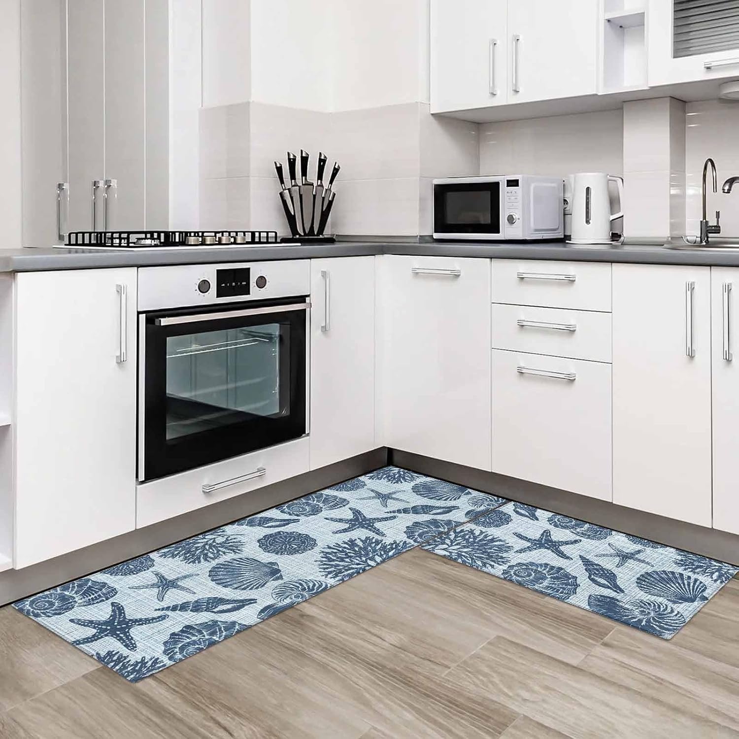 Kitchen Mats for Floor Ocean Conch Starfish Coral Washable Non Slip Kitchen Rugs 2PCS, Watercolor Navy Blue Marine Life Absorbent Standing Mats for Sink Office Living Room 15.7x23.6in+15.7x47.2in