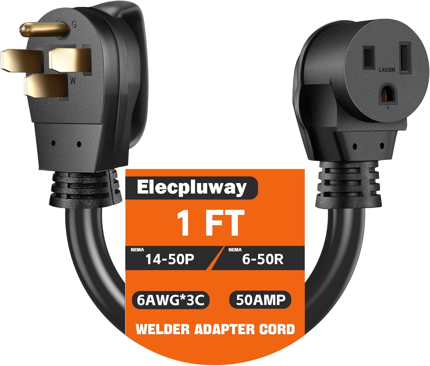 NEMA 14-50P to 6-50R Welder Adapter Cord, Heavy Duty 50Amp 250 Volts, STW 6AWG/3C for Generator, RV, Tesla EV Charger, 1FT