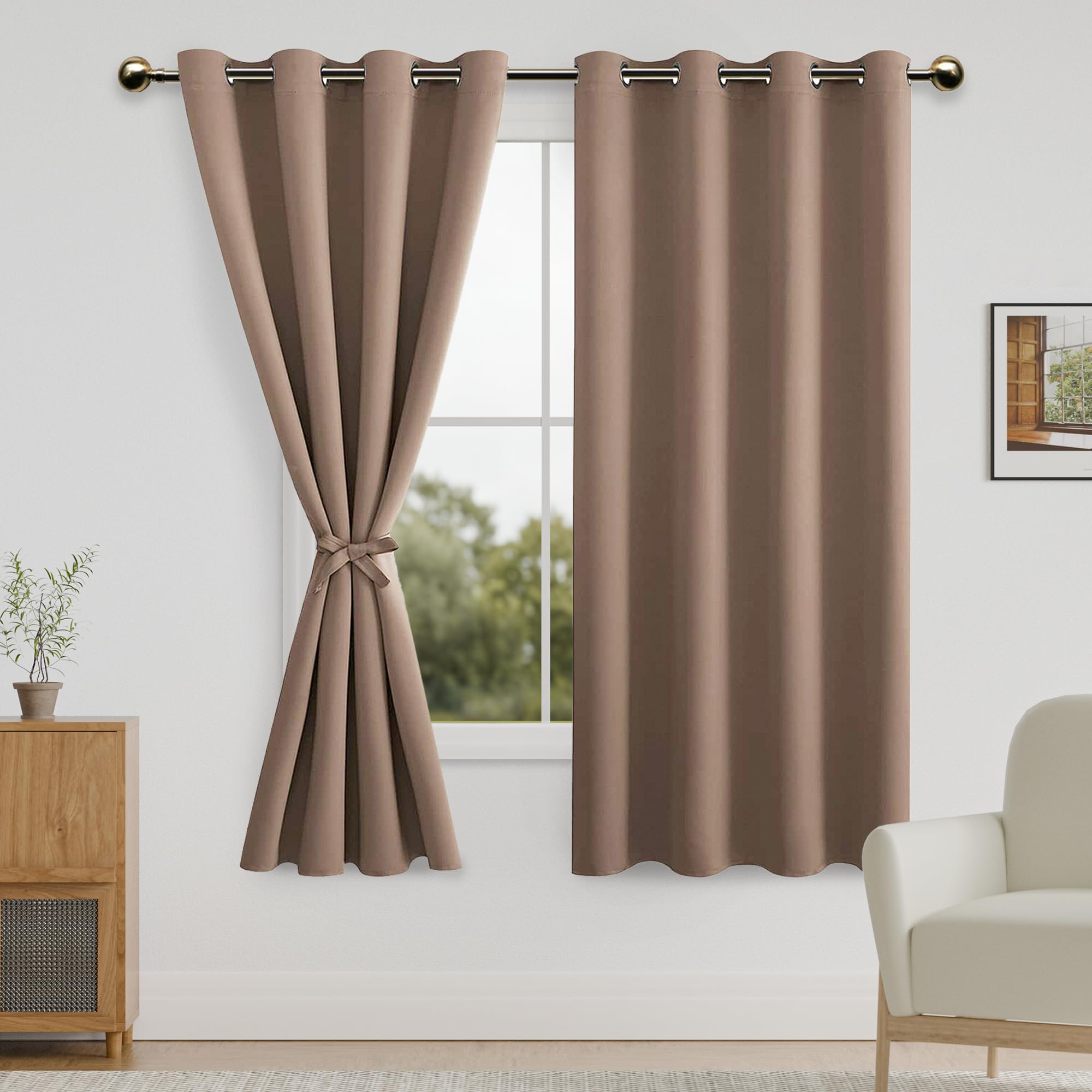 DWCN Blackout Curtains for Bedroom with Tiebacks - Room Darkening Privacy Grommet Top Window Curtains for Living Room, 52 x 63 inch Length, Cappuccino, Set of 2 Panels — image 1