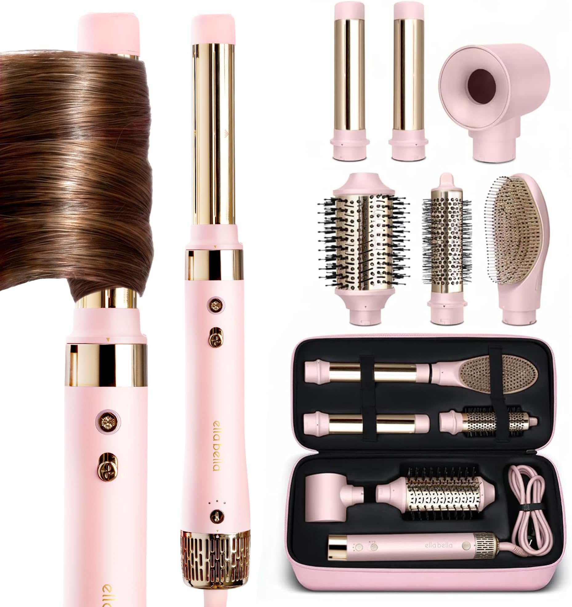 ELLA BELLA® 6 in 1 Professional Hot Air Styler • Powerful Hair Dryer & Straightener Set • Styling Without Heat Damage • Fast Drying Curling Volumizing Straightening • Includes Protective Travel Case