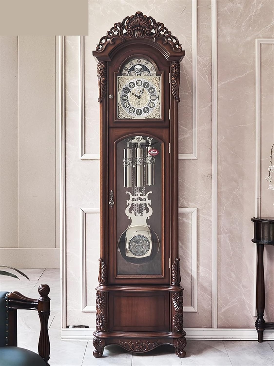 Grandfather Clock Wooden Grandfather Clock, European Style Grandfather Clock Living Room Villa Pendulum Clock Chinese Retro Vertical Mechanical Clock Classical Clock Floor Clock