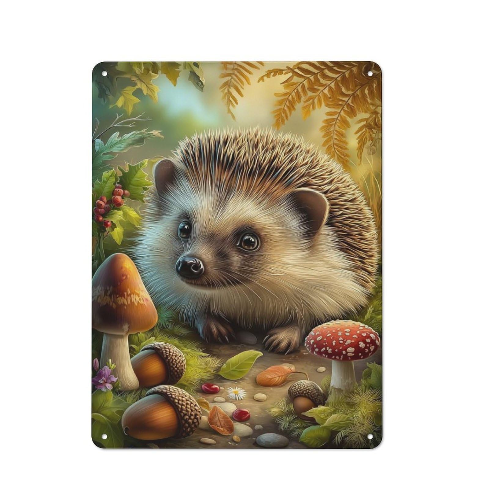 Junmoney Style-17 Metal Plaque 40X30cm With Cute Hedgehog In Autumn Forest Scene For Hallway Wall, Rustic Decor, A Metal Wall Feature For Hallways And Entrance Areas