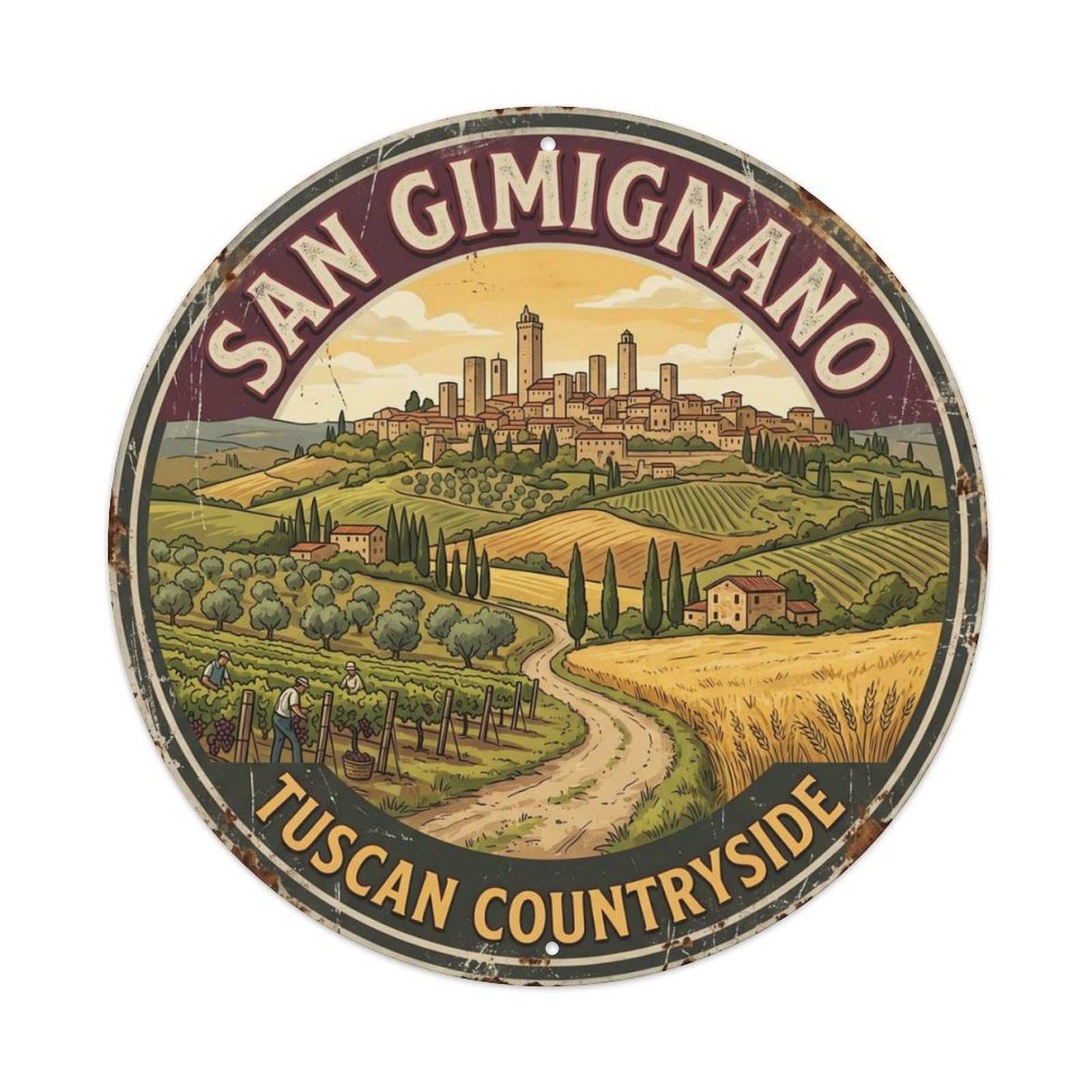 Vintage Travel Gimignano Vineyard Landscape Metal Tin Sign Plaque Wall Decor for Cafe, Club Bar, Office, Home Garden Round Metal Poster 8x8Inch