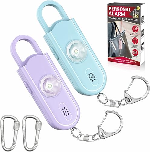 Alarma personal de sonido seguro, paquete de 2 llaveros de alarma de seguridad de emergencia de 130 dB con luz LED estroboscópica, sirena de