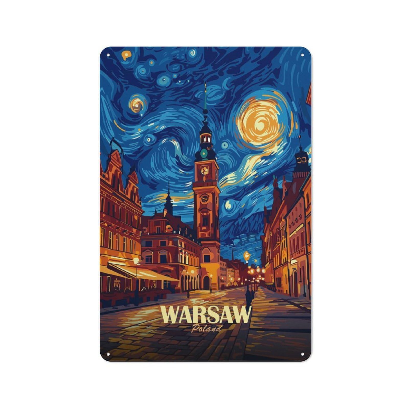 Junmoney Style-6 Rustic Metal Sign 30X20cm Featuring Warsaw Poland Starry Night Art For Hallway Wall, A Decorative Gift For A Newly Furnished Hallway